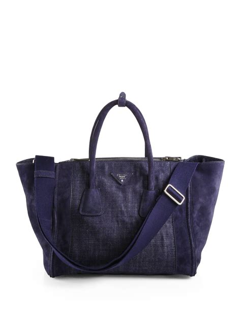 prada denim logo tote|Prada suede tote.